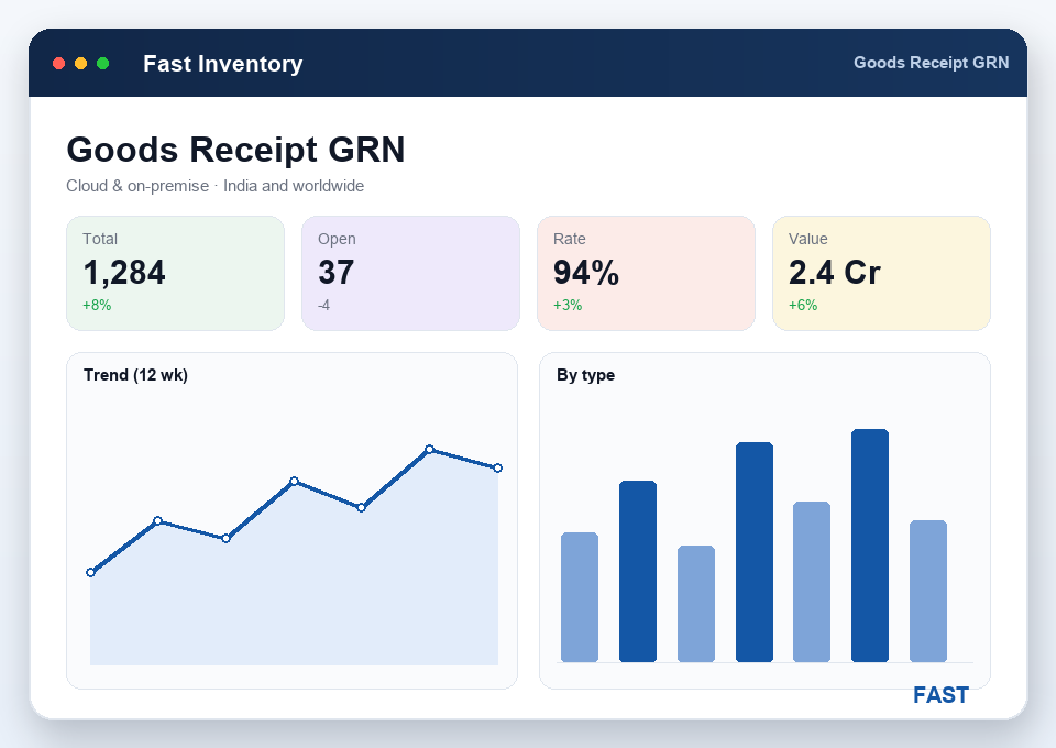 Goods receipt note posting stock into the main store with an inward gate pass and a plus entry in the stock ledger