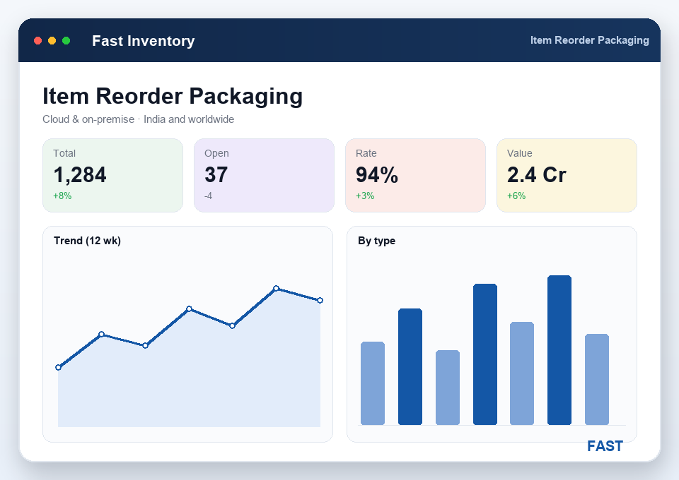 Item master showing reorder minimum and maximum levels, packaging conversion, dimensions, shelf life and lead time