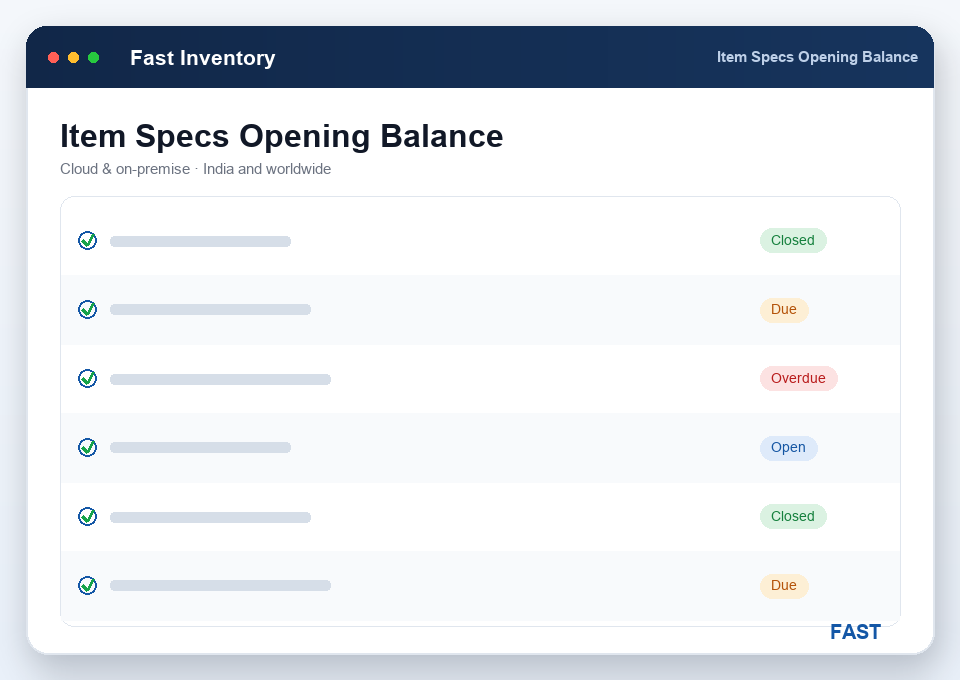 Item categories and specification grid with an Excel opening-balance import seeding day-one stock per location